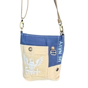 US Navy Military Style Canvas Crossbody Bag Blue Tan Utility Messenger Purse